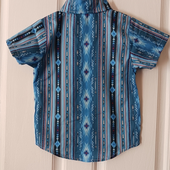 New 3T shirt, short sleeve, button front, polyester blend, blue and red, western - Picture 2 of 2